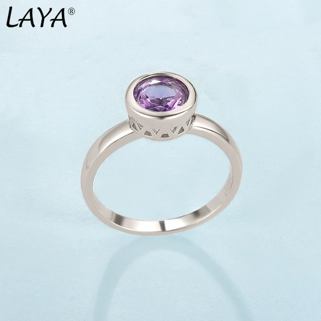 Discover the elegance of the LAYA 925 Sterling Silver Natural Amethyst Simple Bezel Setting Finger Ring