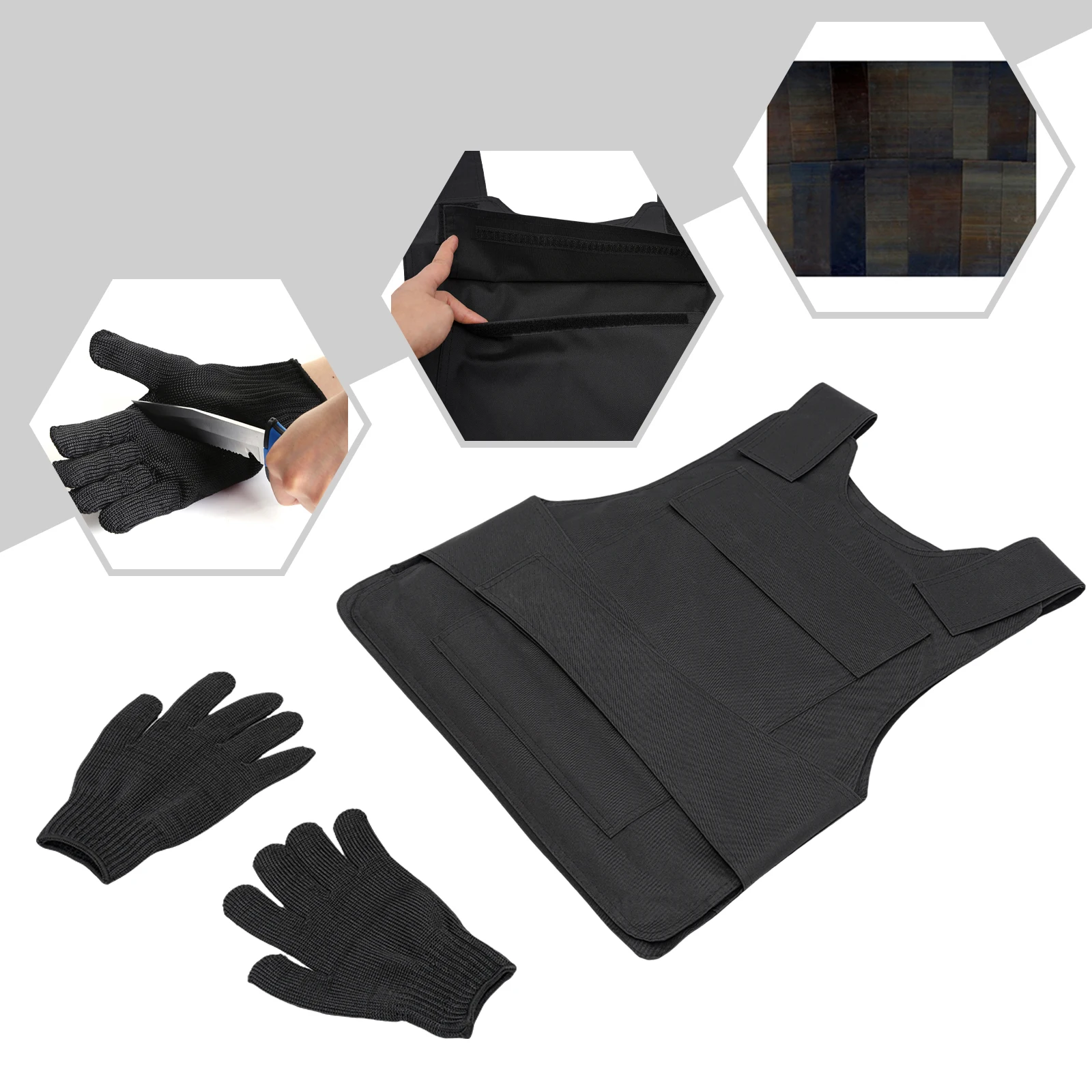 First-class Protection Anti-stab Vest Gloves, Adjustable, Front and Back High Manganese Steel Plates Jacket Kit Knifeproof Black