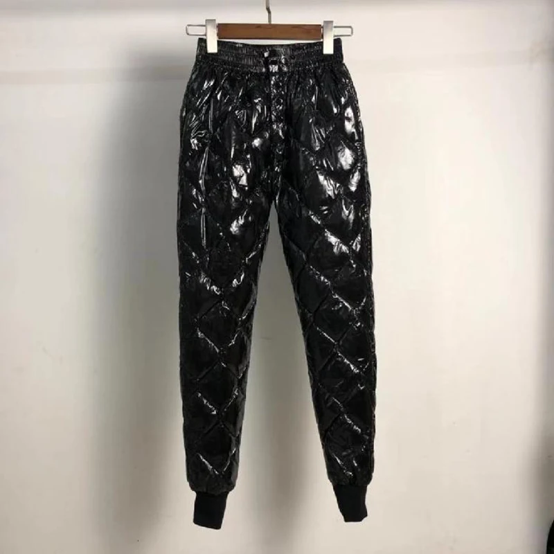 Women Glossy Diamond Down Pant 2023 Winter Fashion High Waist Harem Trousers Plus Size Warm Padded Quilted Pantalones Windproof
