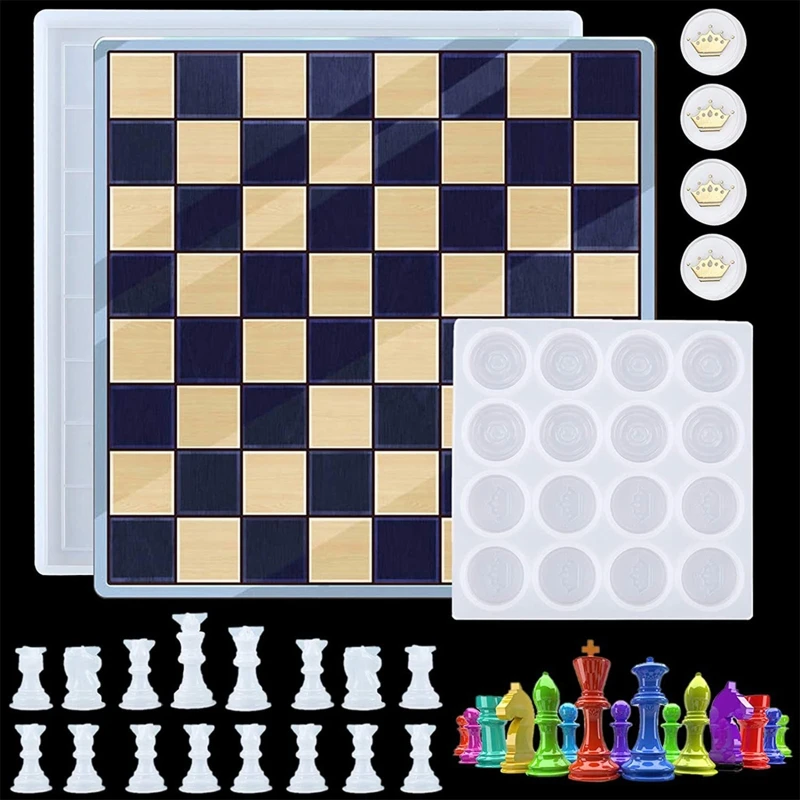 

18 Pcs/set Checkers Board Silicone Mold 3D Chess Crystal Epoxy Casting Mold for Family Party Board Games Home Decoration