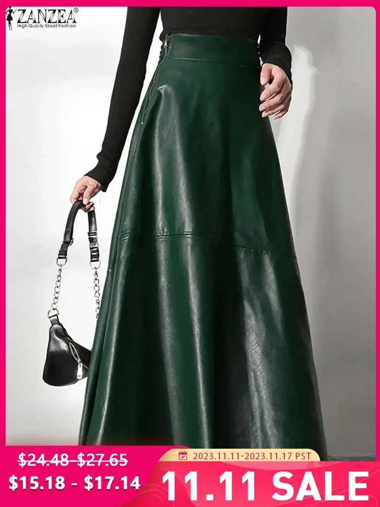 

2023 Fashion Solid Mujer Faldas ZANZEA PU Leather Maxi Skirts Women's Elegant OL Long Saias Casual High Waist Zipper Jupe Femme