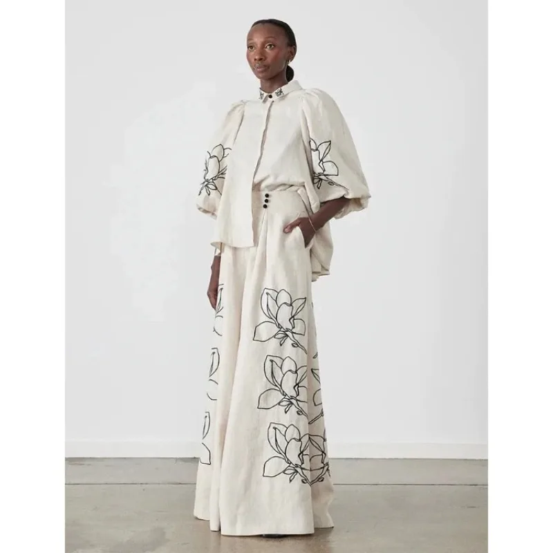 

Женский Вышитый Костюм из искусственной кожи, топ с рукавами-фонариками и лацканами, широкие брюки с кружевом, весна 2024