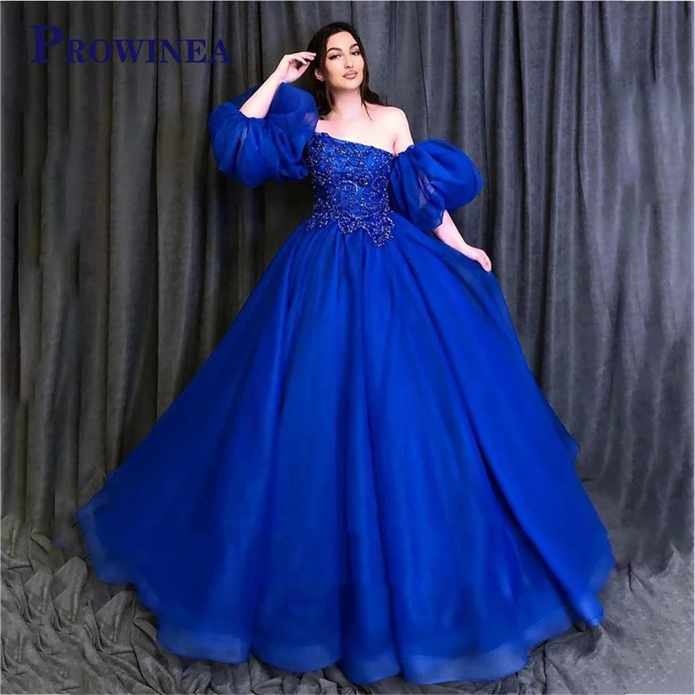 PROWINEA Royal Blue Puff Sleeves Beading Ball Gowns Princess Prom Dress Elegant Formal Evening