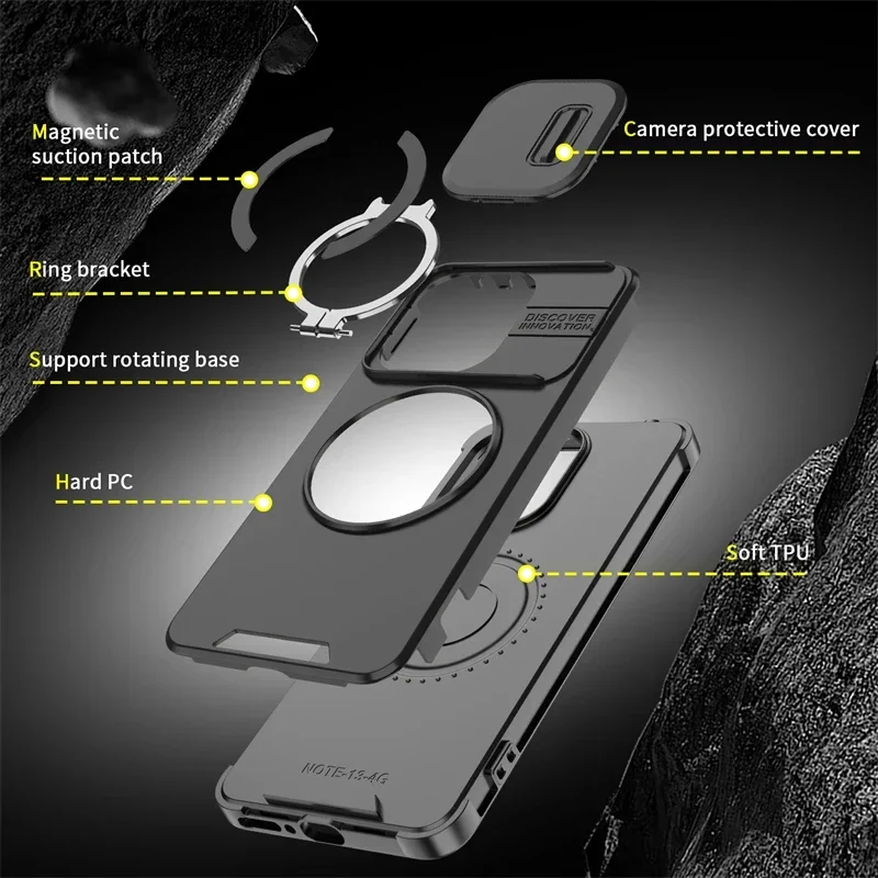 Rugged Armor Case with Magnetic Ring Holder and Slide Camera Cover