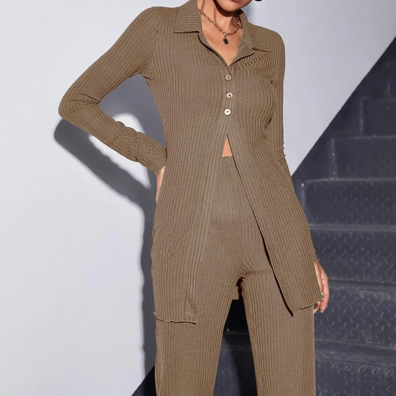 

Spring Solid Rib Knitting Women Sets Elegant Button-up Slit Top & Long Pants Outfits Autumn Long Sleeve Lapel Bodycon 2pcs Suits