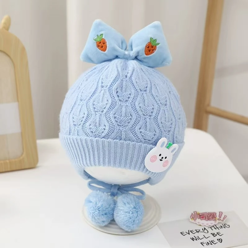 Winter Cute Warm Knitted Baby Hat Kids Ear Protection Caps with Bow Pink Cartoon Bunny Beanie Hat for Girls 0-12M