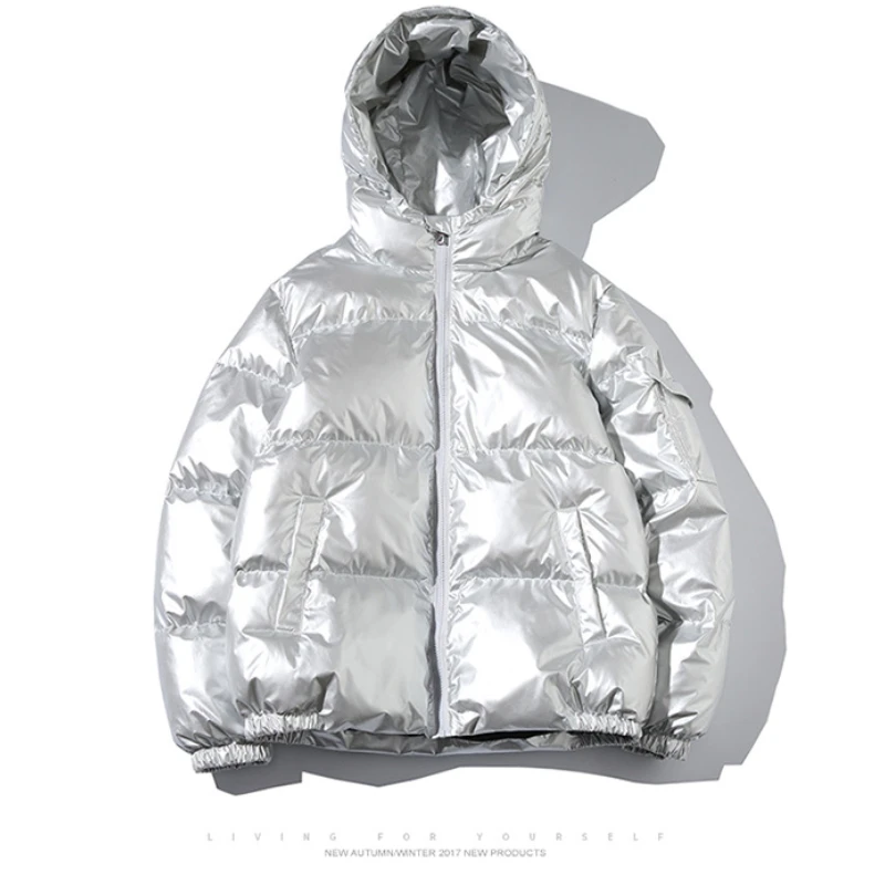 

Men's Casual Hooded Zip Metallic Shiny Down Coat Short Bomber Jackets Alternative Winter Puffer Coats Thicken Baseball Outerwear