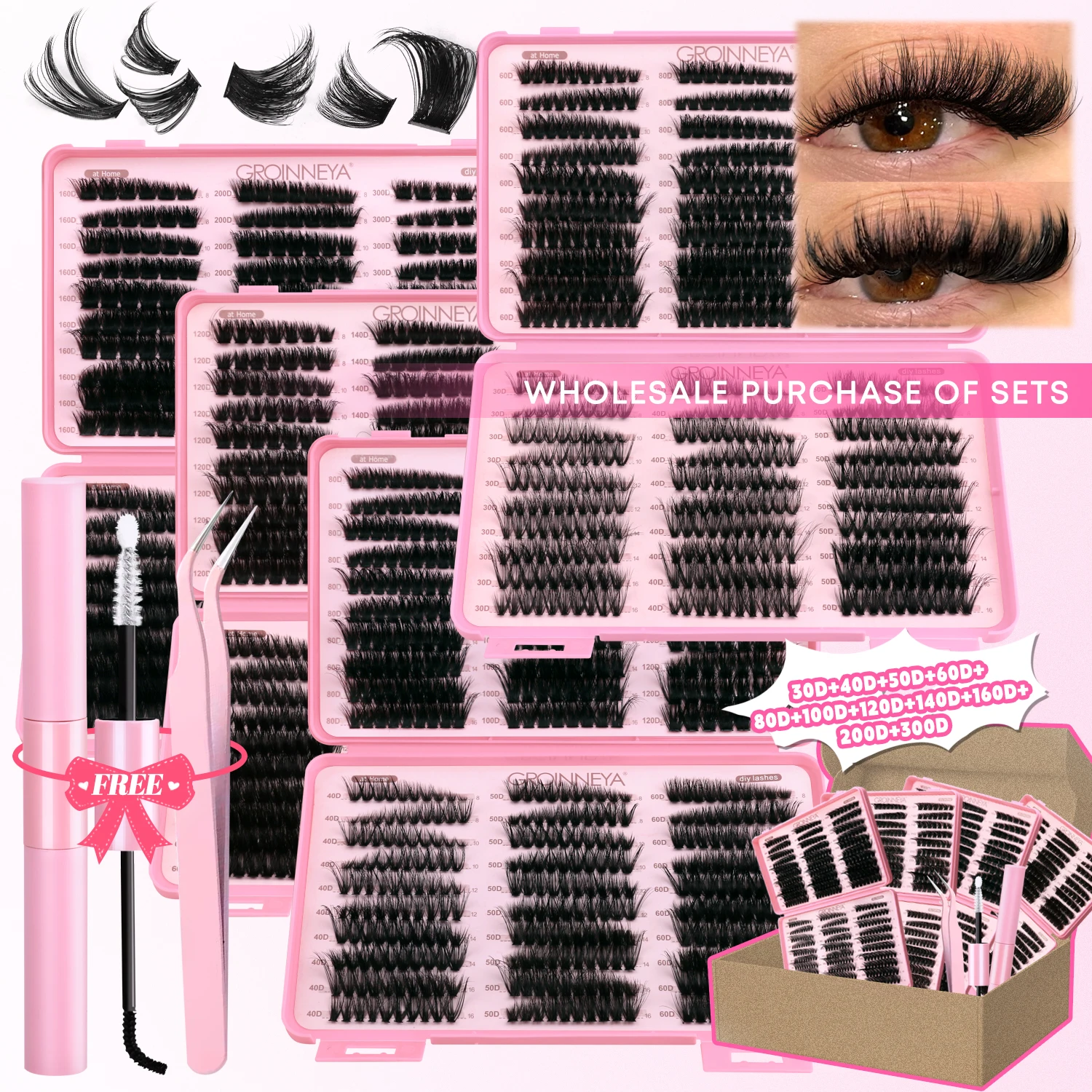 GROINNEYA Clusters Lashes With Waterproof Combination set DIY Lash Extension Kit Lash Bond And Seal And Eyelash Tweezers Makeup