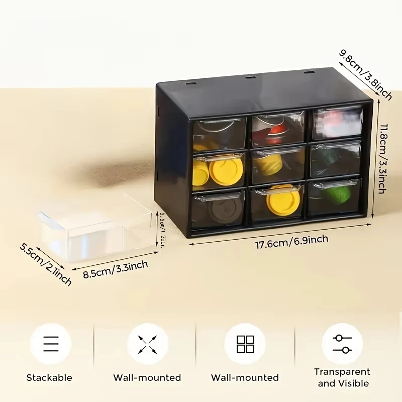 Organizzatore da Scrivania a 9 Scomparti, Cassetto Trasparente per Ufficio, Contenitore per Oggetti Vari, Montabile a Parete - immagine 5