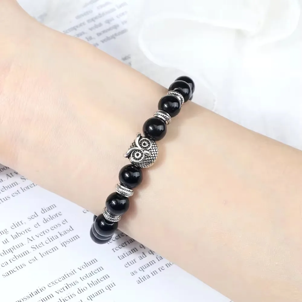 Natural Stone Beads Owl Bracelets Malachite Rock Lava Bangles Charm Strand Elastic Energy Yoga Buddha Jewelry For Women Men