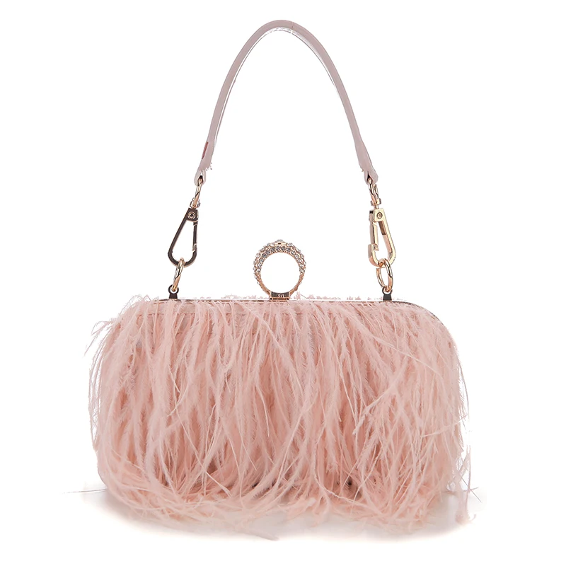 Luxury Ostrich Feather Party Evening Clutch Bag Women Wedding Purses and Handbags Small Shoulder Chain Bag Designer Bag 16 Color 