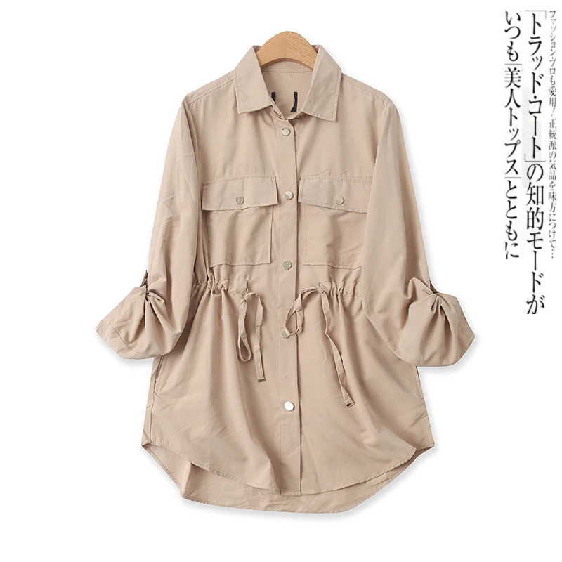 

Midi Casual Shirt With Vertical Breasted Waist Tie Long Sleeve Light Jacket 14626