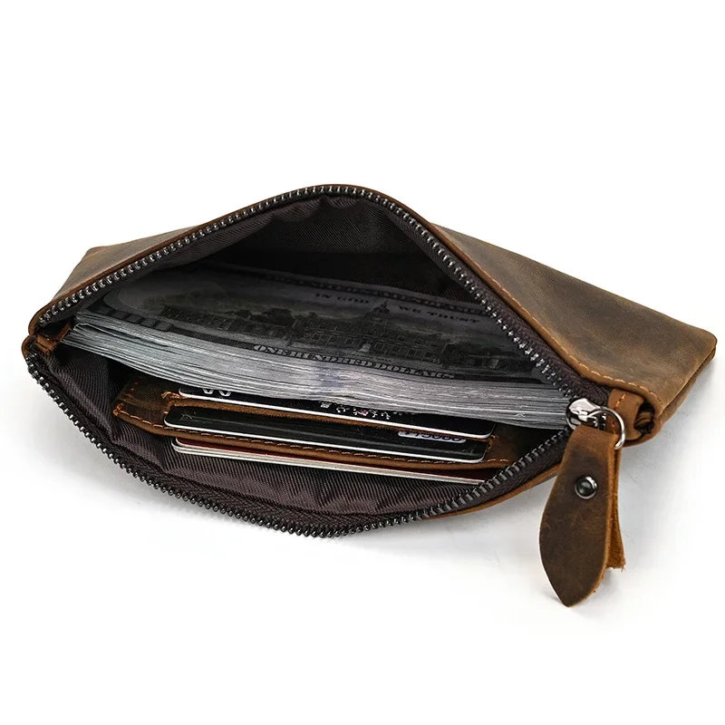 Vintage Crazy Horse Leather Men's Long Wallet with Large Capacity Zipper Phone Pocket Women's Clutch Bag