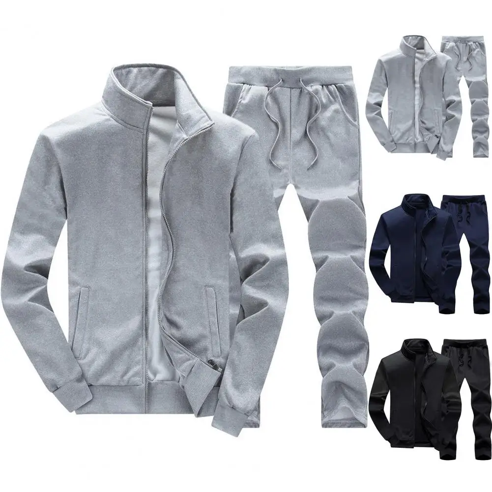Men Tracksuit 1 Set Popular Two Piece Set Autumn Winter  Ribbed Cuff Sweatshirt Lace-up Sweatpants for Working