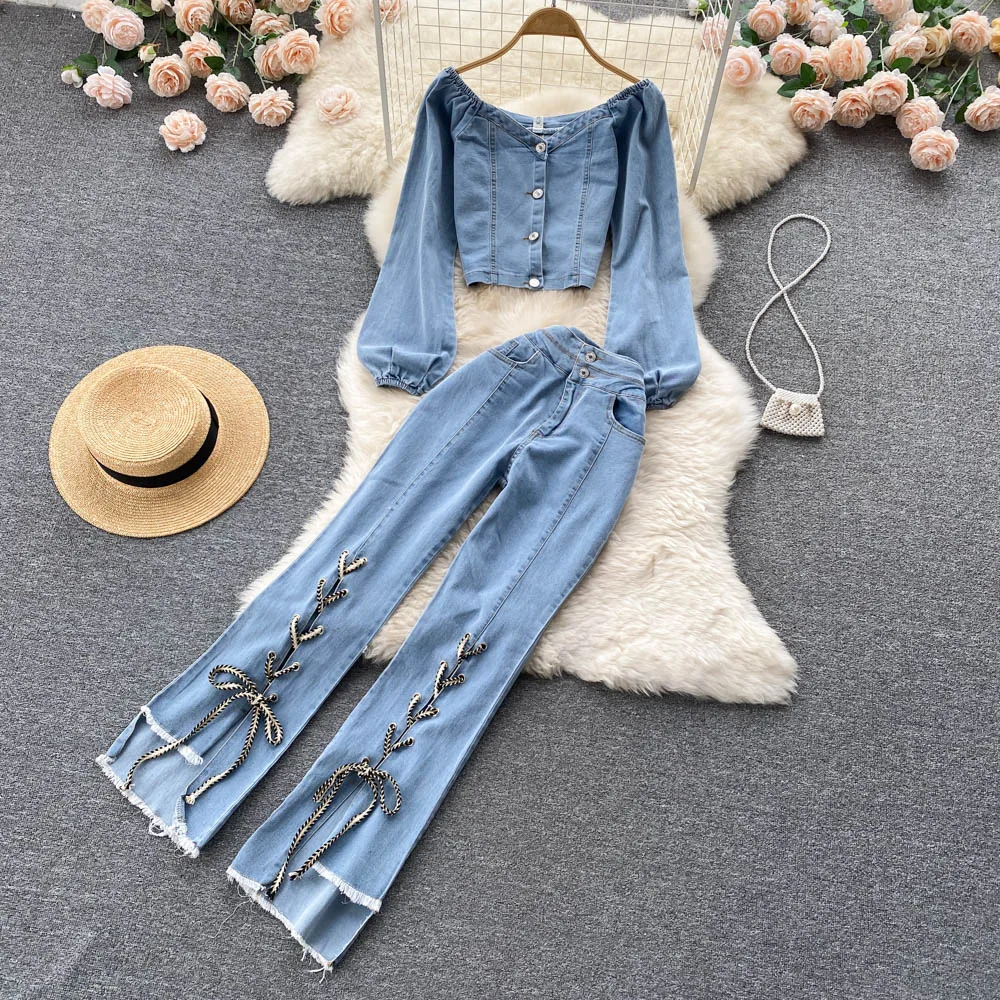

2022 spring and summer new one-line collar long sleeve short denim top high waist design micro flare pants two-piece suit