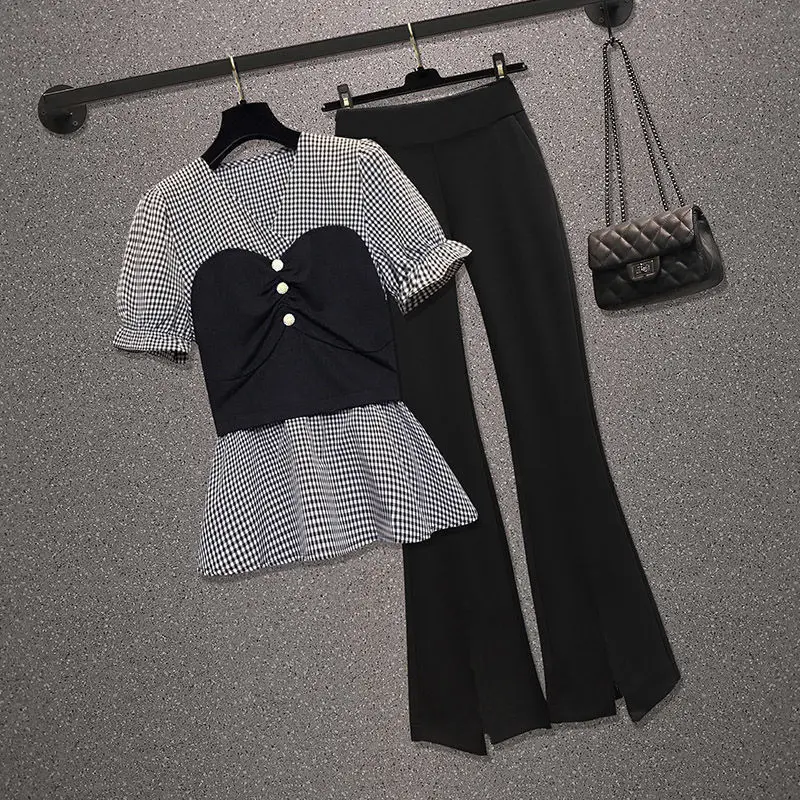 Spring/Summer Women's Set 2024 New Korean Style Fashionable Spliced Shirt Casual Wide Leg Pants Two Piece Set