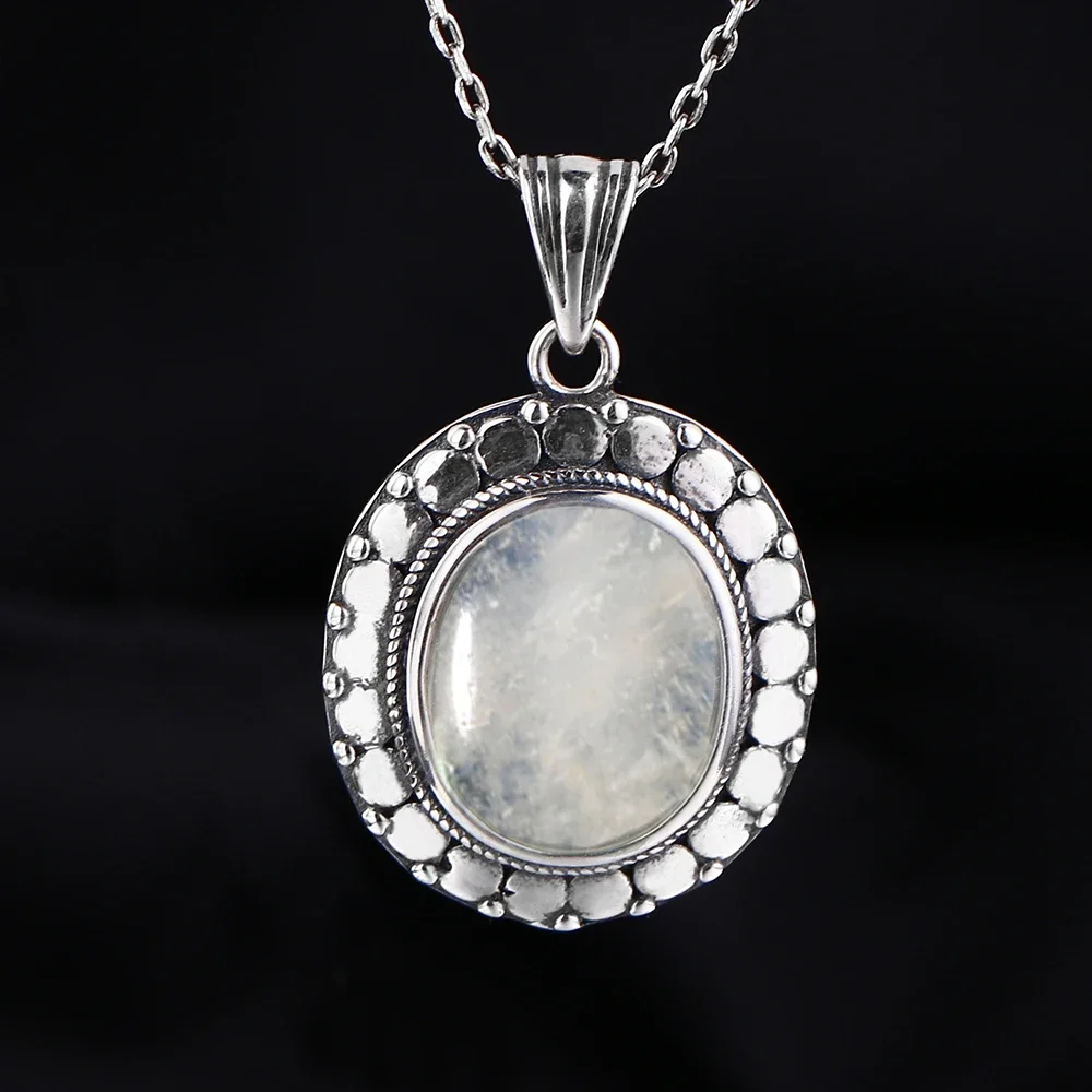Natural Large Oval 10*12MM Moonstone Necklace 925 Silver Pendant Necklace for Women Vintage Luxury Wedding Party Gift