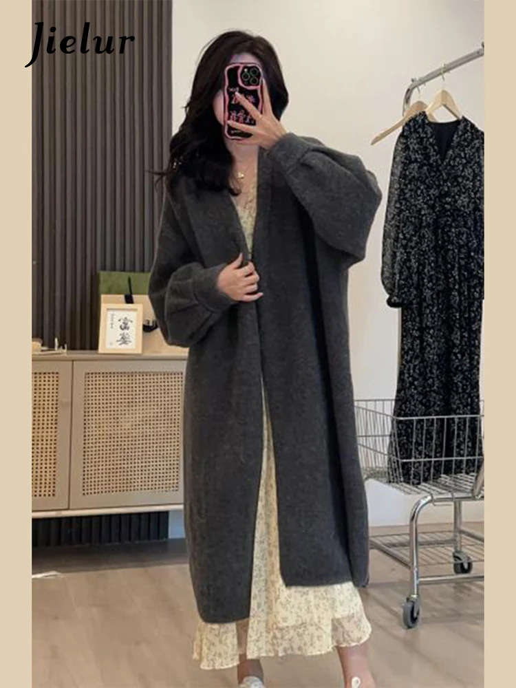 Jielur Autumn Vintage Knitted Women Cardigan Sweet Ladies Elegant Cardigan Woman Black Grey Mocha Oatmeal Casual Loose Sweaters