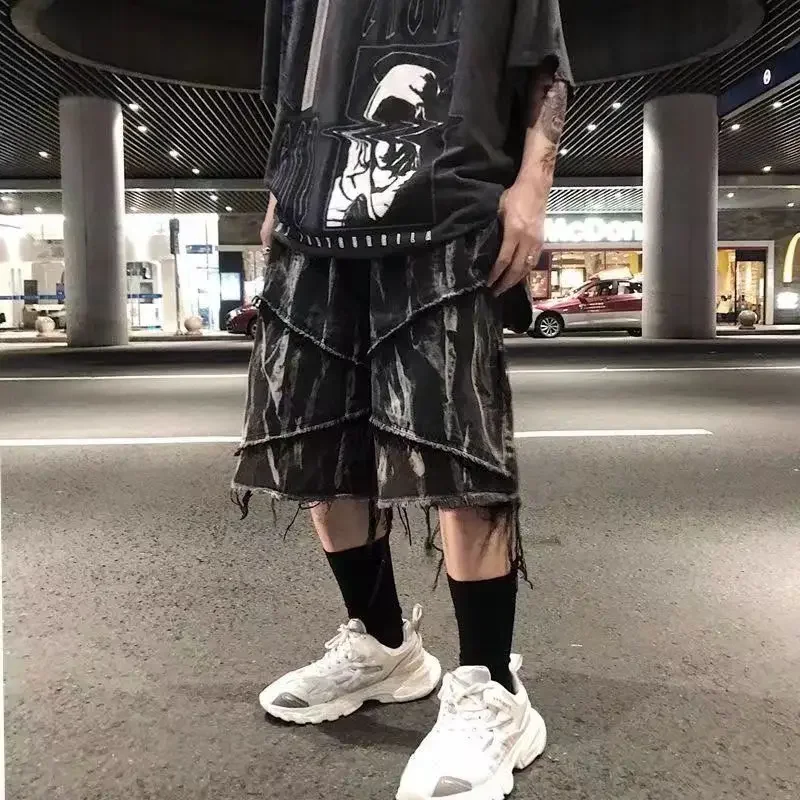 American Raw Edge Denim Men Shorts Summer Oversize Casual Loose Knee-high Dark Cropped Pants Streetwear Men