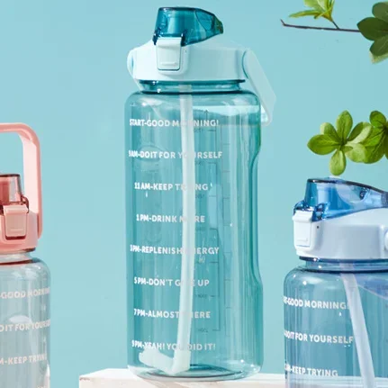 Large Capacity Sports Water Bottle with Straw and Time Marker