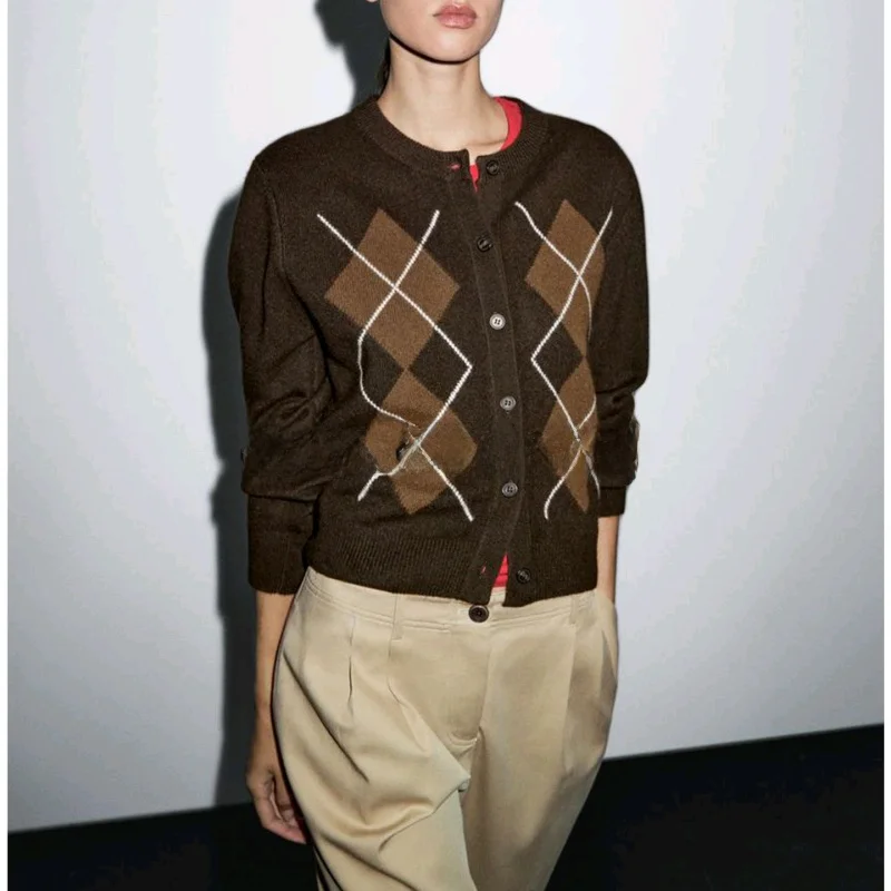 Autumn Women's Knitted round Ne Open Front Sweater Diamond Pattern Retro College Sle Polyester Fiber Long Sve Regular ...