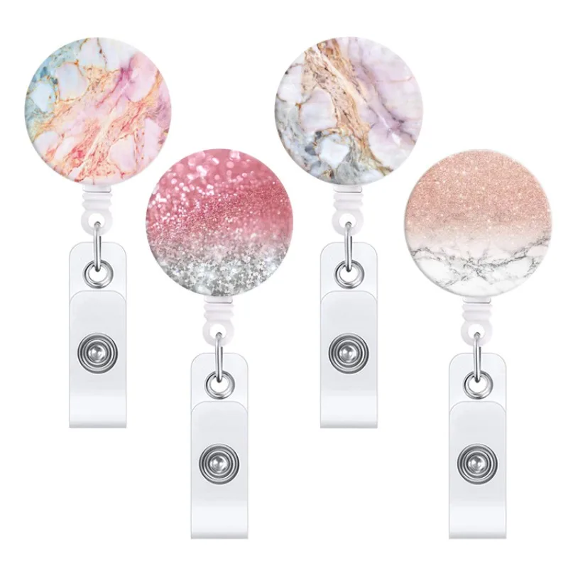 

Round Marble Texture Drops Glue Shiny Retractable Badge Clip Reel Easy Pull ID Card Holder Tag Clip Lanyards Keychain for Nurse