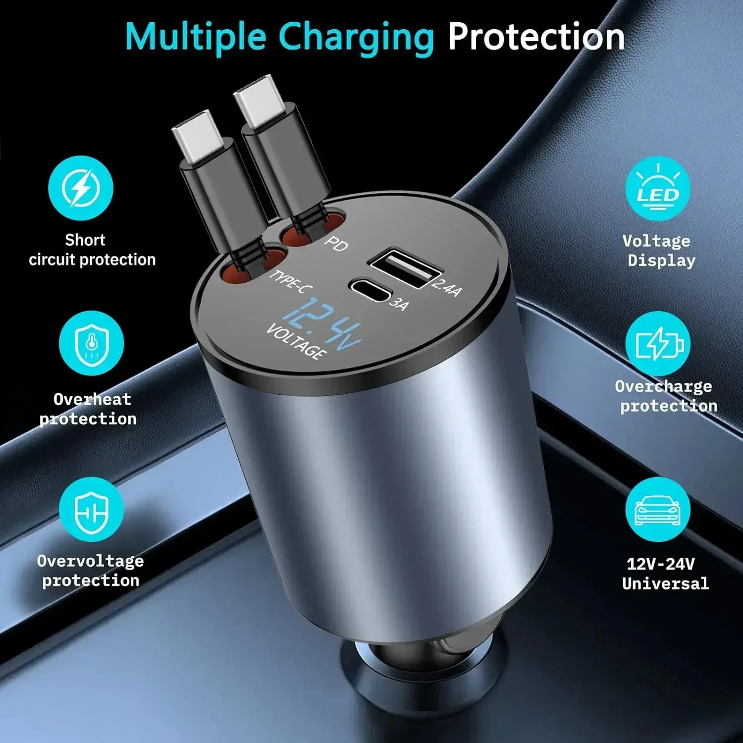 4 in 1 차량용 충전기 31.5인치 접이식 케이블 100W 초고속 USB C 차량..