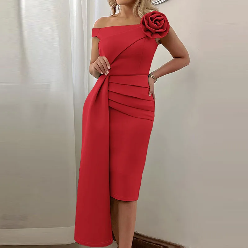 

Sexy Off Shoulder Flower Slim Bandage Party Dress Women Spring Slash Neck Bodycon Hip Dress Summer Short Sleeve Solid Midi Dress