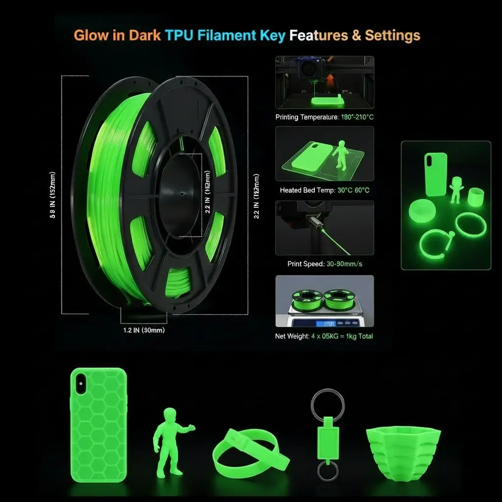 TPU 야광 필라멘트 3D 프린터 필라멘트 번들, TPU 95A, 250g, 1.75mm