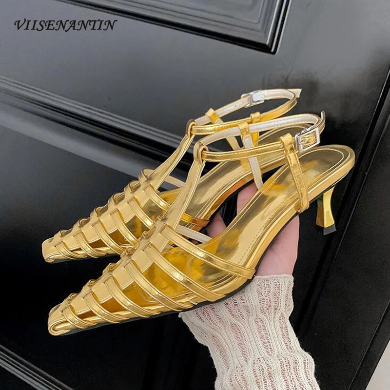 

Gold Narrow Band Hollow Out Sandals for Women Close Square Toe Thin Heel Sexy Fashion Women Summer Gladiator Shoes New Arrival