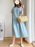 Loose Fit round Ne Linen Dr ort Sve Summer Thin A-Line Midi Dr Commute Sle High Waist Soft Medium Summer Dr