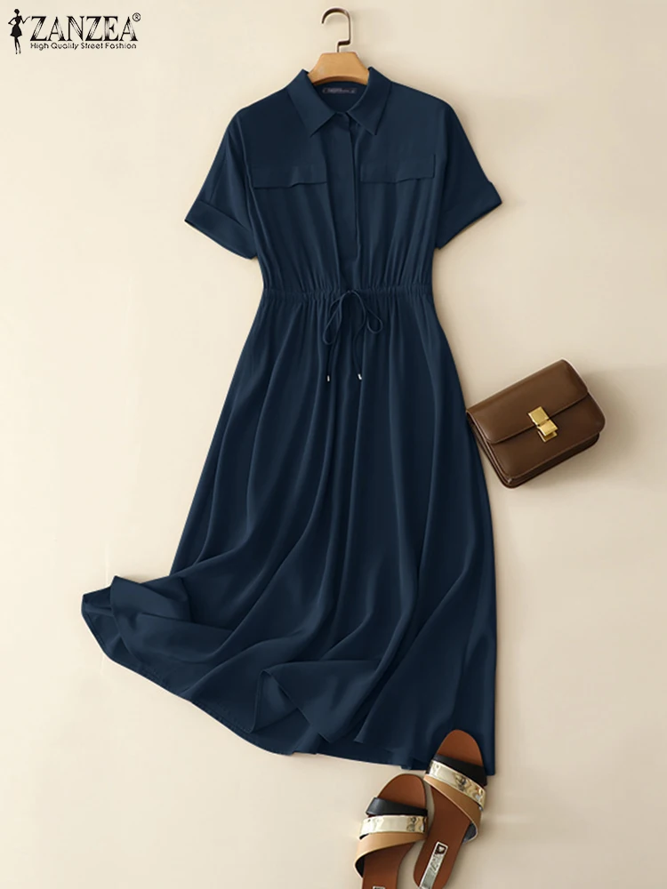 

Платье ZANZEA женское на пуговицах, модный сарафан-рубашка оверсайз с воротником с лацканами и коротким рукавом, с поясом, выпускной