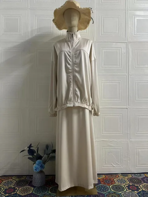 Robe musulmane Satin 2 pièces ensemble femmes fête Abaya Musulman Ensembles arabe longue Robe dubaï caftan robes Jalabiya Ramadan Eid