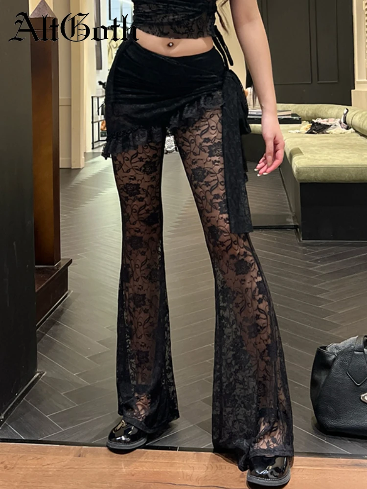 Lace patchwork solid cross applique flared pant y2k 90s Revival Techno Fashion