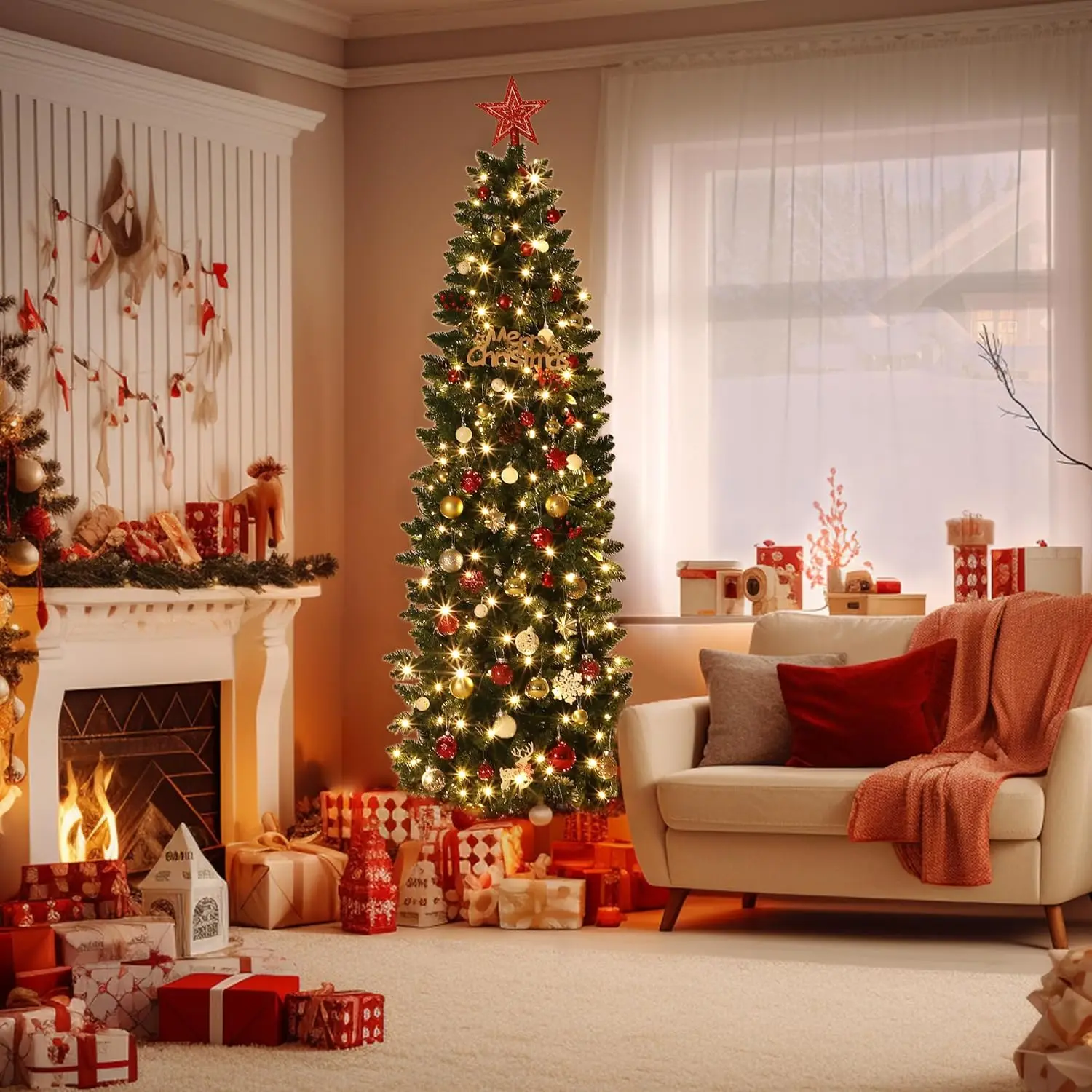 6/7.5/9/12FT Pre-Lit Pencil Slim Artificial Christmas Tree with LED Lights – Realistic Xmas Tree for Indoor & Outdoor Decor