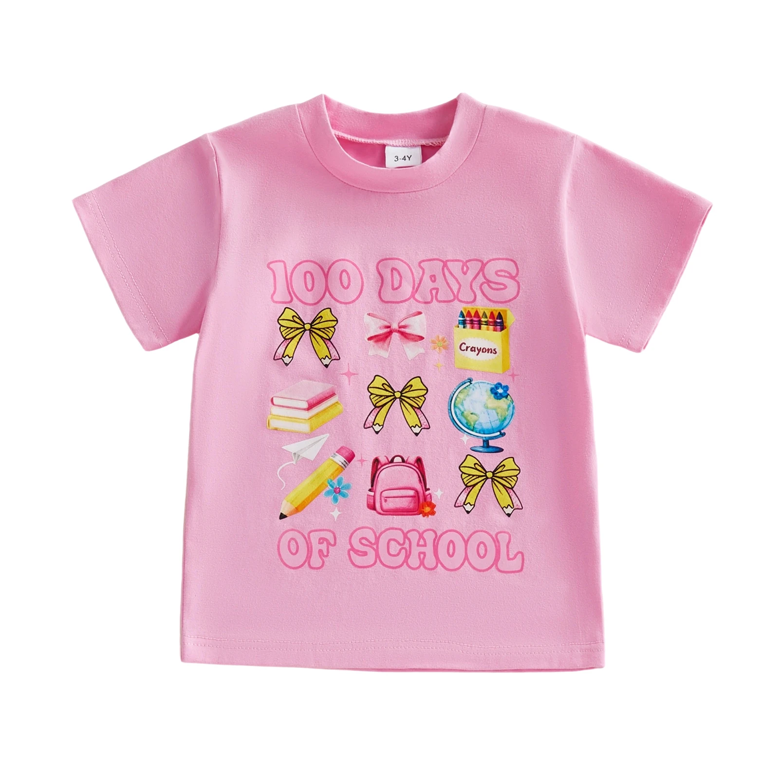 Kids 100 Days Of School T-Shirts Short Sleeve Round Neck Dinosaur Print Tops Children s Tees with Bow Detail