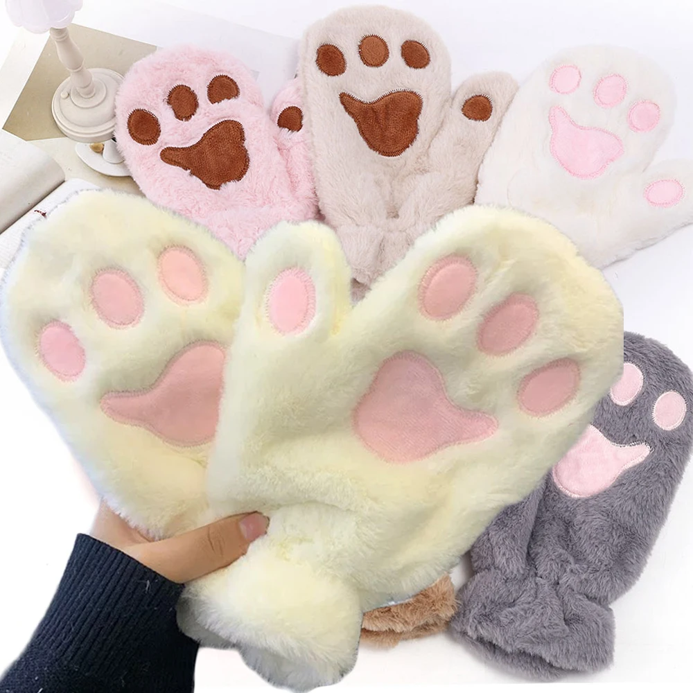 

Новинка 2023, Зимние теплые плюшевые перчатки, женские милые плюшевые перчатки с мультяшными медвежьими и кошачьими лапами, теплые утепленные ветрозащитные искусственные перчатки с полными пальцами
