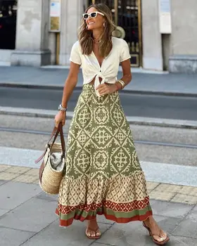 Women's Elastic Waist Printed Large Swing Skirt, Boho Spliced Midi Skirt, Suitable for Beach and Daily Wear 1