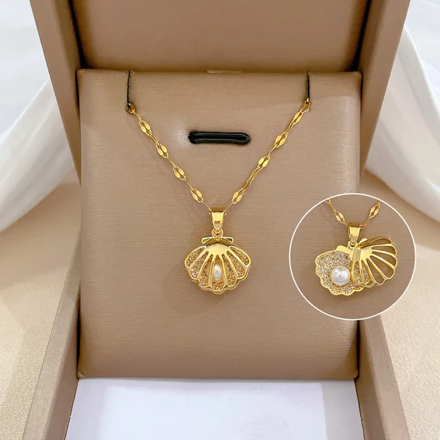 French Shell Pearl Necklace – Gold CZ Heart Pendant, Women’s Jewelry - Image 2