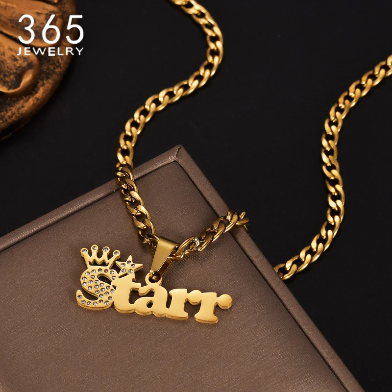 365 Fashion Personalized Name Necklaces With Shining Stones Stainless Steel Custom Name Choker Thick Chain For Men Women Jewelry