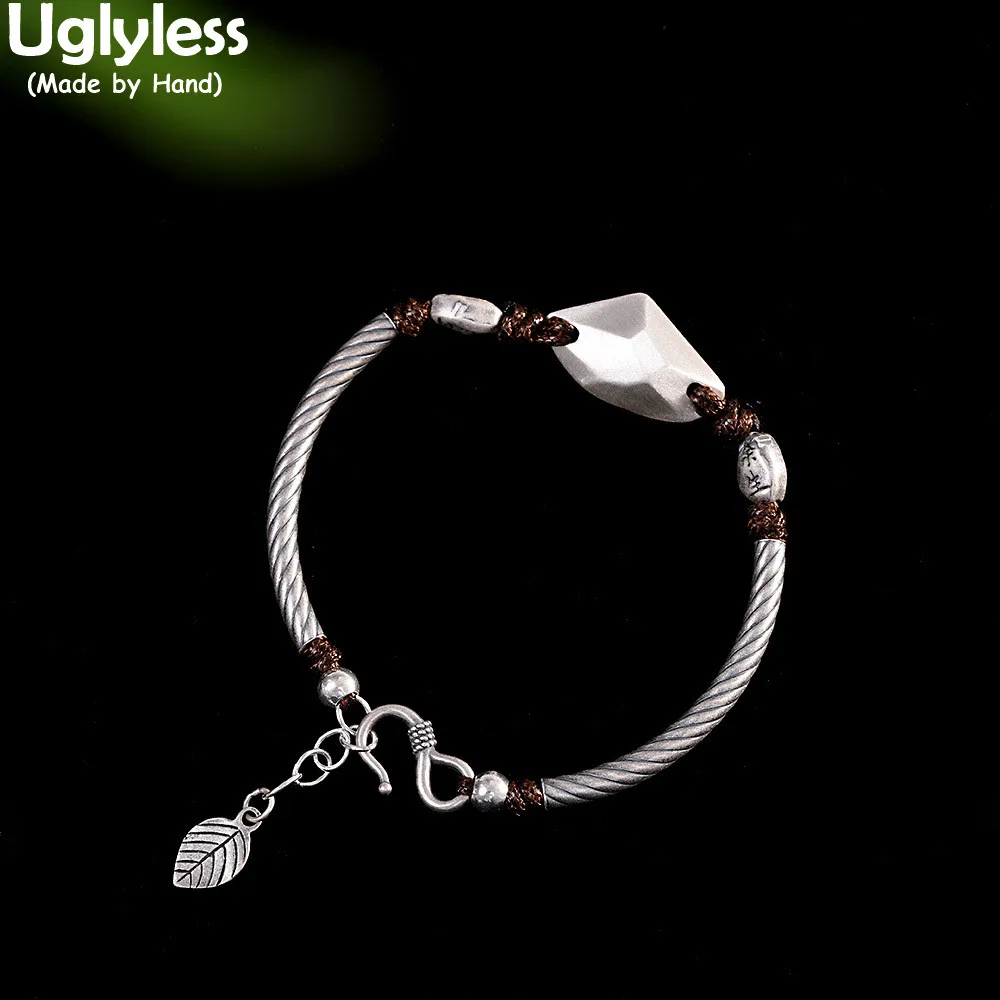 

Uglyless Irregular Stone Design Solid Silver Bracelets for Women Men Neutral Rope Jewelry 925 Silver Unisex Bracelets Bangles