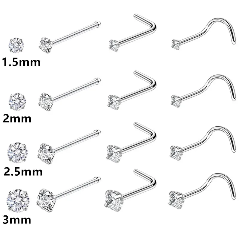 4/12PCS Stainless Steel Zircon Nose Piercing Stud Set L Shape Nose Ring