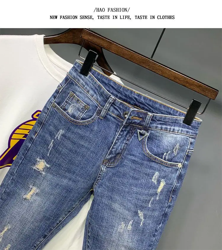 New Korean Trendy Men's Distressed Denim Casual Pencil Pants Spring and Autumn Blue Jeans Washed Luxury Cowboy Streetwear Pants