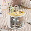 Practical Multi-Functional Desk Organizer Pen Holder Double Layers Rotating Pencils Storage Rack Student Cosmetics Storage Shelf 5