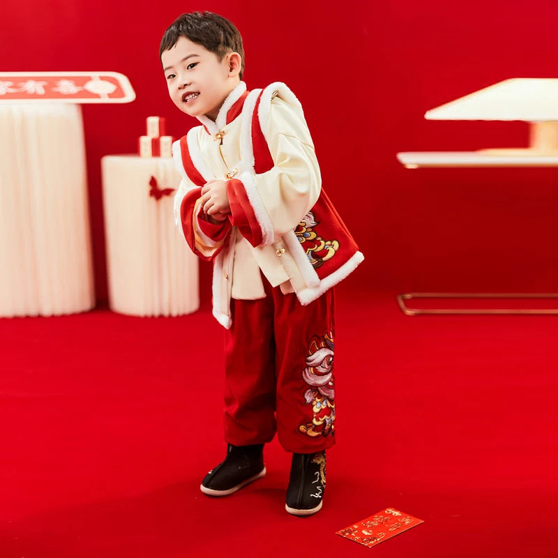 2024 Chinese New Year Boys Lucky Tang Suit For The Year of The Dragon Embroidery 3 Pieces Hanfu Clothings Tradtional Costume