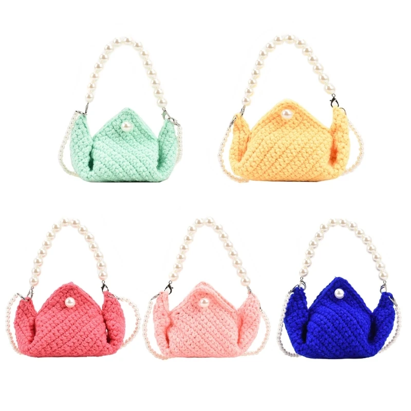 

Women's Fashionable Knitted Handbag with Artificial Pearls Shoulder Bag for Girl