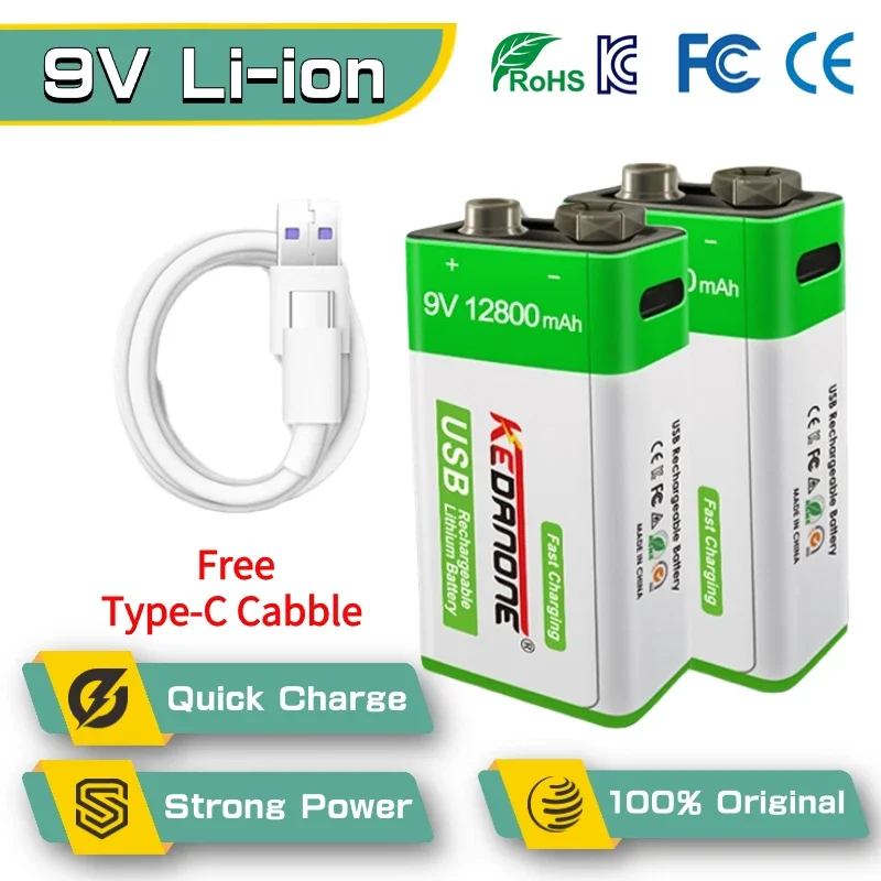 

9V Rechargeable Battery 12800mAh 6F22 Micro USB 9v Li-ion Lithium Batteries for Multimeter Microphone Toy Remote Control KTV
