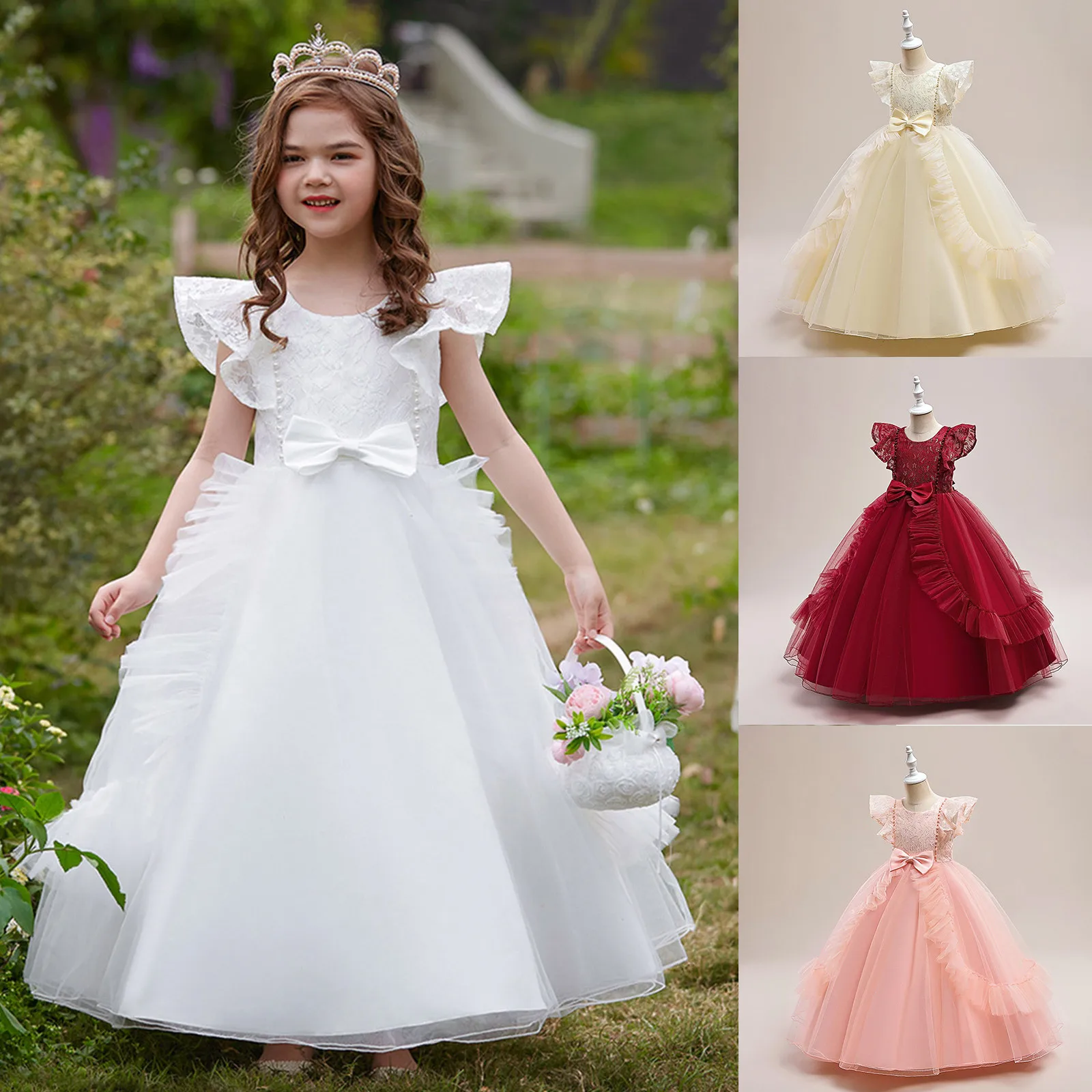 

Kids Children Girls Summer Sleeveless Lace Bowknot Mesh Long Princess Dress Piano Performance Dress Xmas Vestido