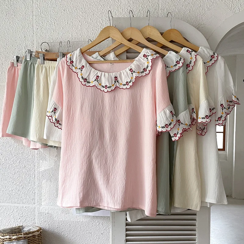 Pajamas Women's Summer Cotton Lace Round Neck Short Sleeve Shorts Home Suit Set Can Be Outworn