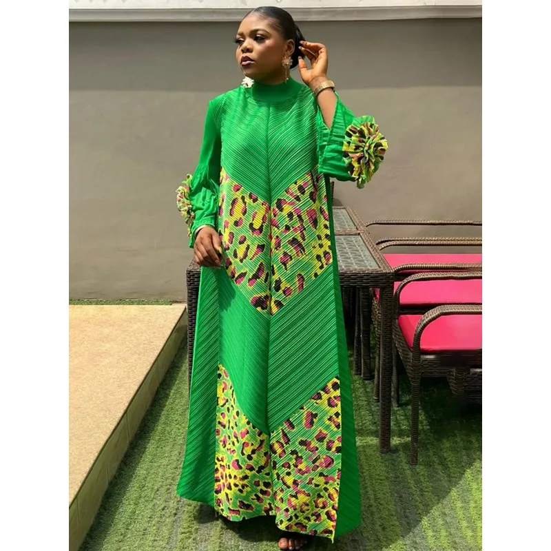 Miyake Pleated Maxi Long Dress Color Block Long Sleeved Floral